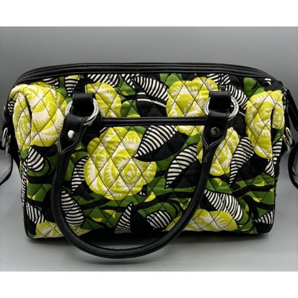 Vera Bradley La Neon Rose Quilted Floral Handbag Satchel Green Yellow Black - Picture 5 of 7